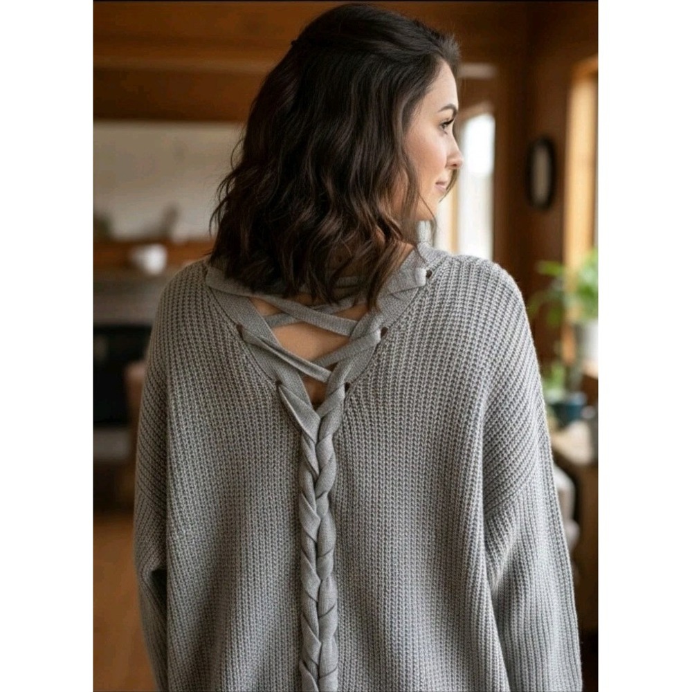 Moral Fiber Women L Grey Lace Up Back Sweater Cardigan Open Knit Cottagecore